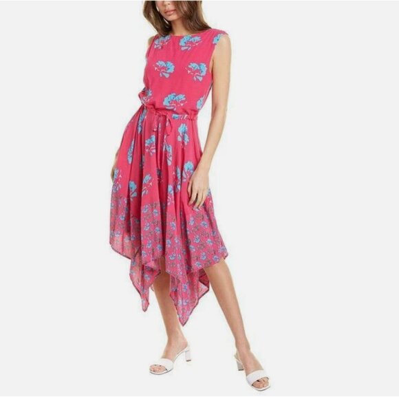 Maje Rushia Dress Midi Sleeveless Handkerchief Hem  Floral Pink Blue Size Large - Picture 8 of 13